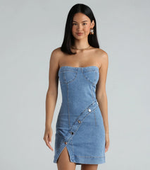 Button Up Babe Denim Strapless Mini Dress