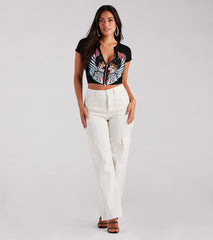 Rock 'N' Roll Zip-Front Cropped Graphic Tee